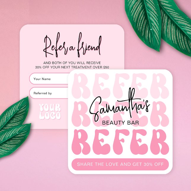 Retro Pink Refer a Friend Modern Logo Lash Salon Empfehlungskarte (Trendy Refer A Friend business card design with retro pink aesthetic and groovy fonts)