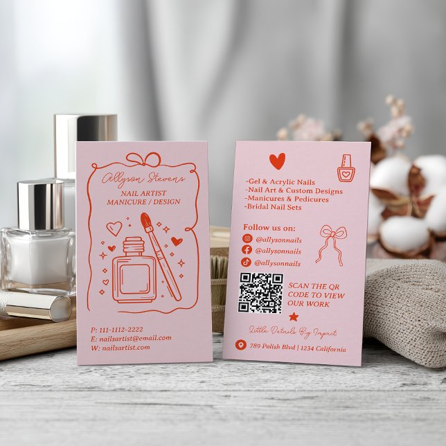 Retro Pink Rote Doodles-Nageldesign QR-Code Visitenkarte (Retro Pink Red Doodles Nails Artist QR Code Business Card)