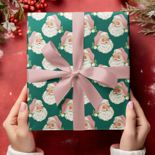 Retro Pink Santa auf grünem Weihnachtswrapping-Pap Geschenkpapier