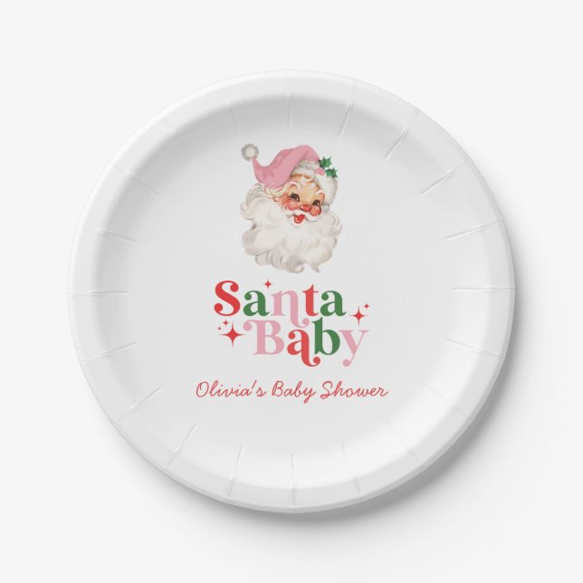 Retro Pink Santa Baby christmas baby shower Pappteller (Vorderseite)