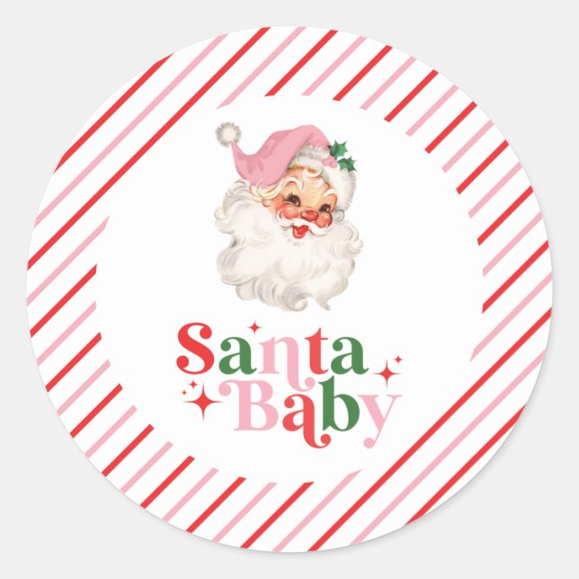 Retro Pink Santa Baby Weihnachtsdusche Runder Aufkleber (Vorderseite)