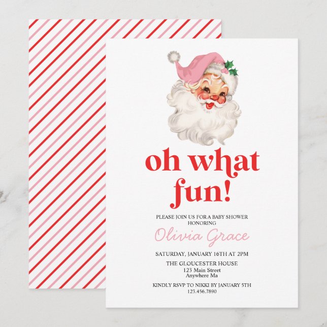 Retro Pink Santa oh was Spaß Baby Dusche Einladung (Vorne/Hinten)