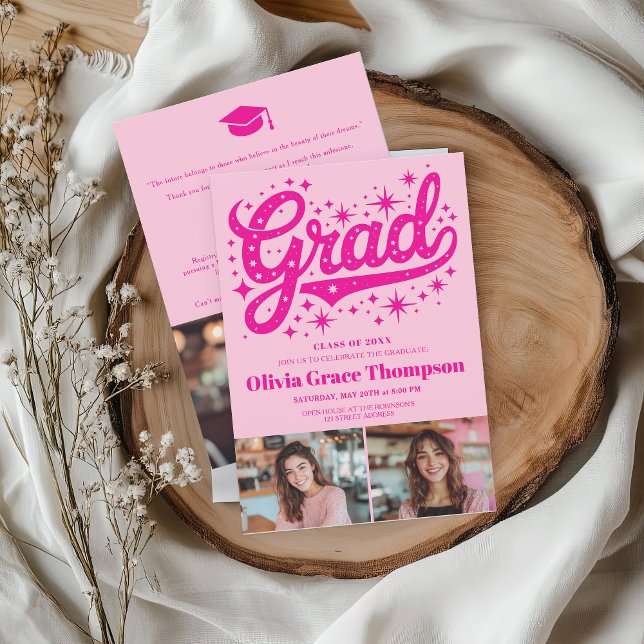 Retro Pink Script Stars 3-Foto-Graduierungsparty Einladung (Retro Pink Script Stars 3-Photo Graduation Party Invitation)