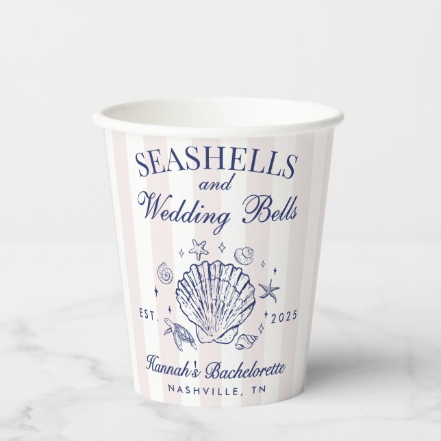 Retro Pink Seashells & Wedding Bachelorette Pappbecher (Vorderseite)