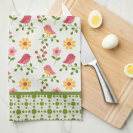 Retro Pink Spring Birds Panel Geschirrtuch