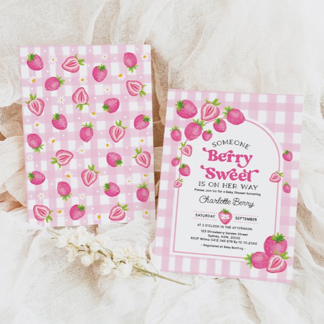 Retro Pink Strawberry Berry Sweet Baby Girl Dusche Einladung (Von Creator hochgeladen)