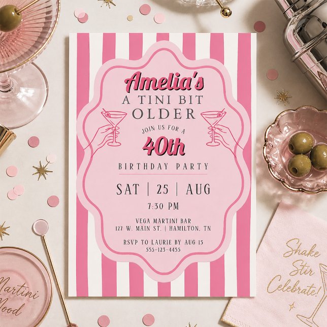 Retro Pink Stripes Martini Geburtstagsfeier Einladung (Retro Pink Stripe Martini Birthday Party Invitation)