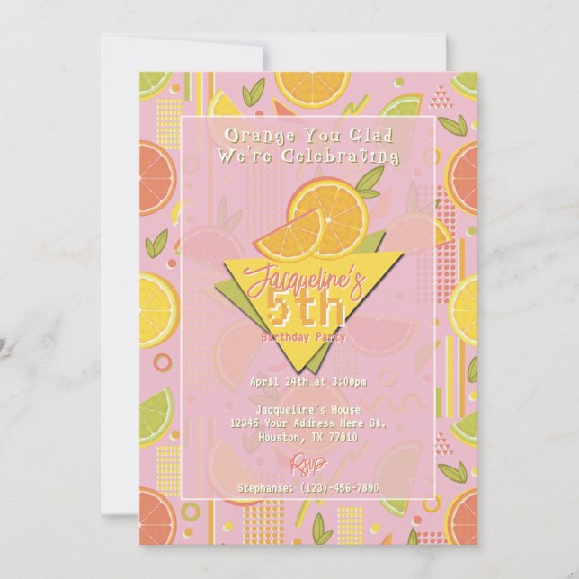 Retro Pink Summer Citrus Fruit Birthday Einladung (Vorderseite)