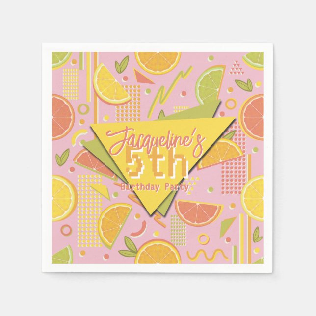 Retro Pink Summer Citrus Fruit Birthday Serviette (Vorderseite)