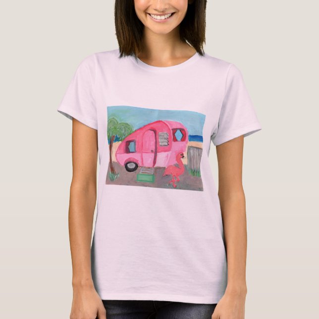 Retro Pink Teardrop Trailer Art T-Shirt (Vorderseite)
