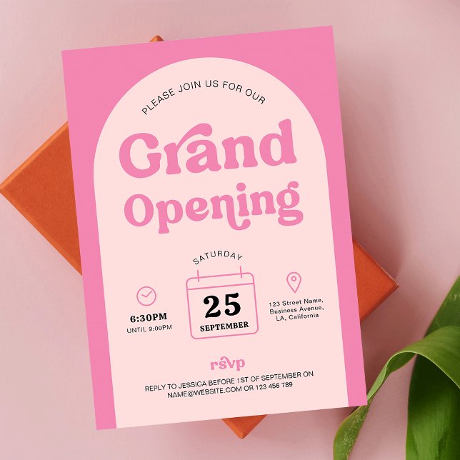 Retro Pink Trendy Arch New Business Grand Opening Einladung (Trendy Pink Business Grand Opening invitation design, featuring retro fonts and arch background )