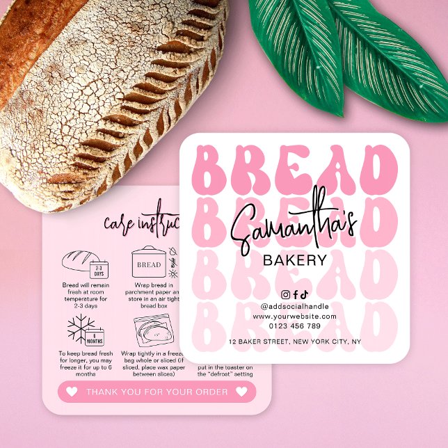Retro Pink Trendy Brot Pflegeanleitung Quadratische Visitenkarte (Retro pink groovy sourdough bread care cards with icons, trendy fonts in pink colors)