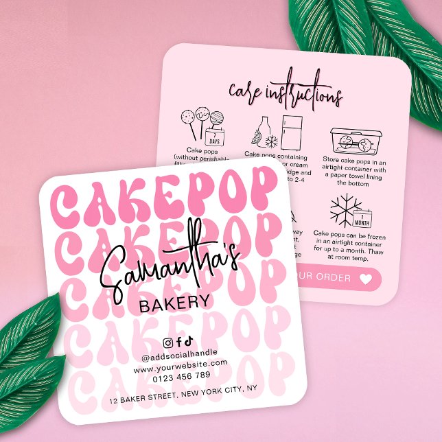 Retro Pink Trendy Cake Pops Care Instructions Card Quadratische Visitenkarte (Trendy pink cake pops storage instructions guide cards featuring retro fonts and modern layout)