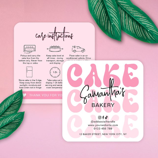 Retro Pink Trendy Girly Cake Care Instruktionen Quadratische Visitenkarte (Trendy pink cake care instructions cards with retro fonts and care icons)