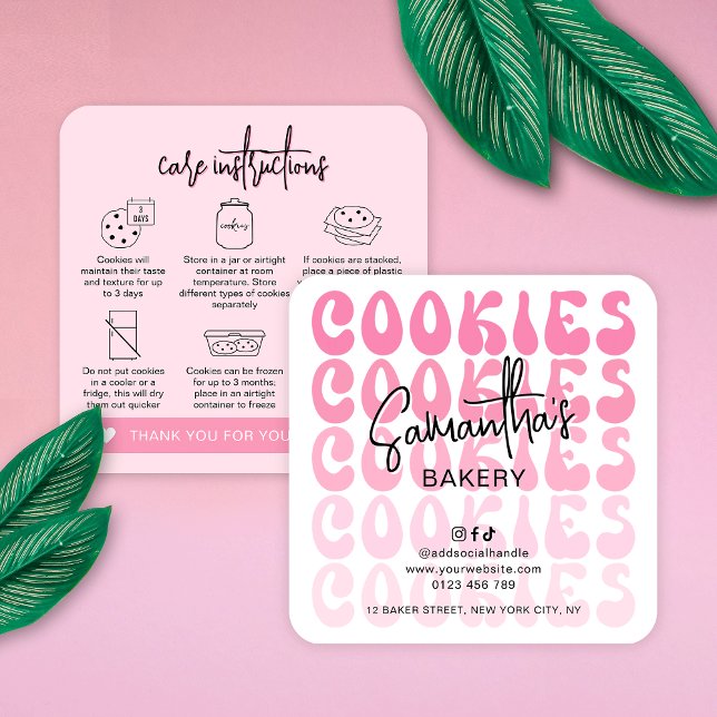 Retro Pink Trendy Sugar Cookies Betreuungsanweisun Quadratische Visitenkarte (Retro pink cookies care cards featuring trendy fonts, pink aesthetic and cookie care icons)