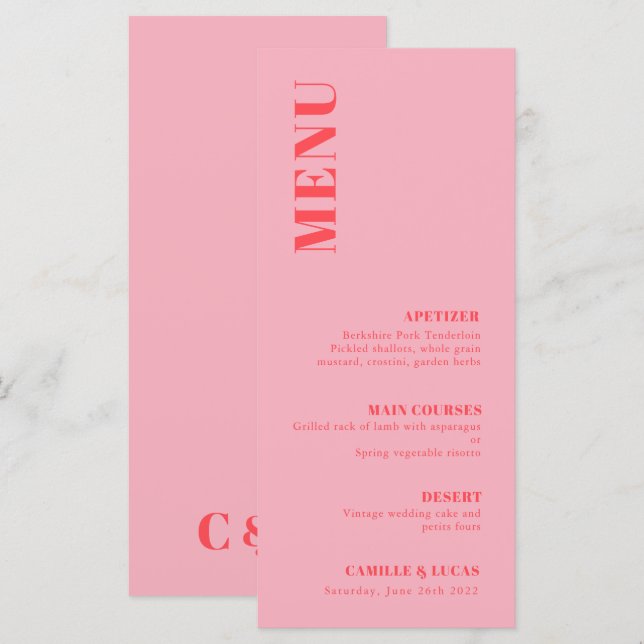 Retro Pink Trendy Wedding Menu Menükarte (Vorne/Hinten)