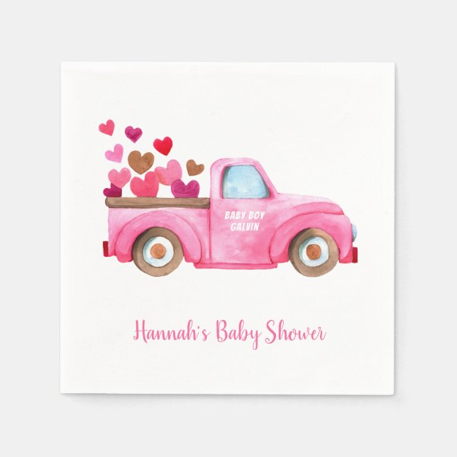 Retro Pink Truck Wasserfarben Babydusche Serviette (Vorderseite)