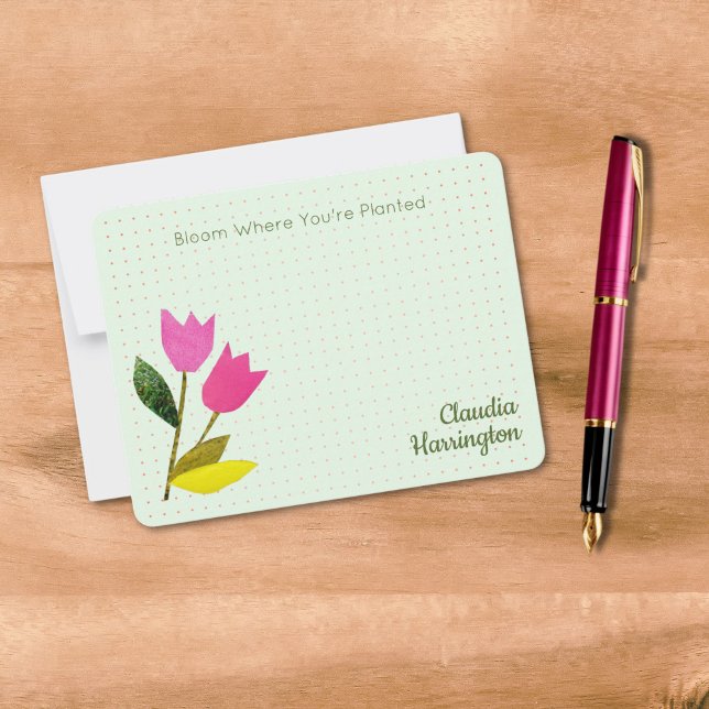 Retro Pink Tulips Pastellpfirsich Hand Illustriert Mitteilungskarte (These cute mint green tulip note cards have my own tulips art and read "Bloom Where You're Planted.")