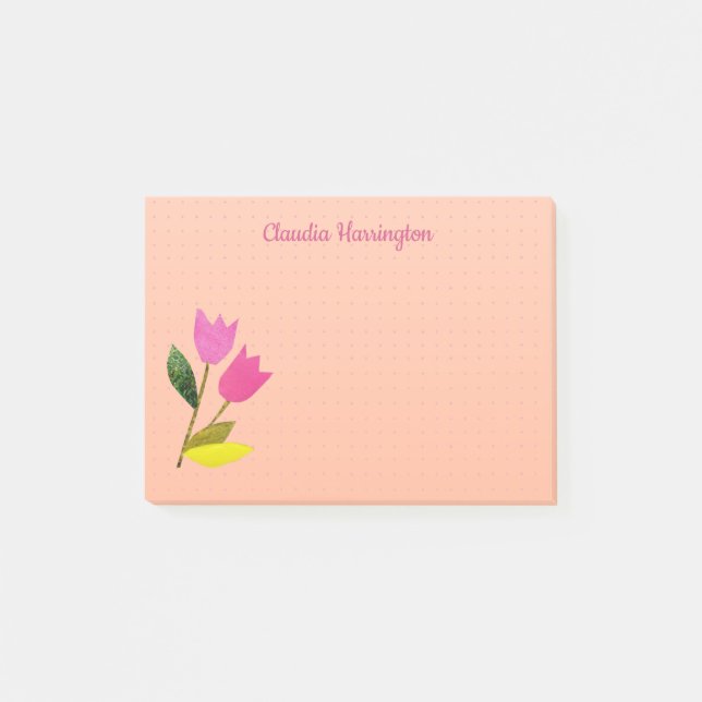Retro Pink Tulips Pastellpfirsich Hand Illustriert Post-it Klebezettel (Vorderseite)