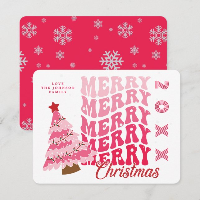 Retro Pink Typografie Frohe Weihnachtsbaumbezeichn Feiertagskarte (Vorne/Hinten)