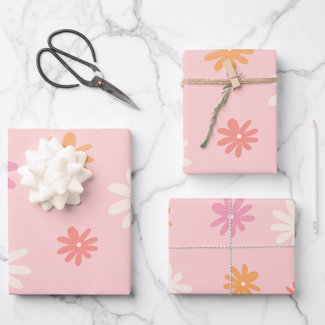 Retro Pink und Orange Daisy Blumenbeutel Geschenkpapier Set (Vorderseite)