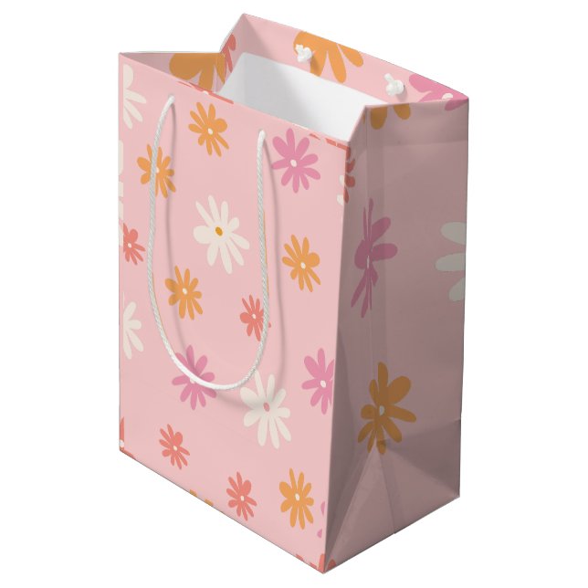 Retro Pink und Orange Daisy Blumenbeutel Mittlere Geschenktüte (Rückseite Schrägansicht)