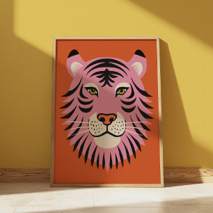 Retro Pink und Orange Tiger Big Cat Illustration Poster