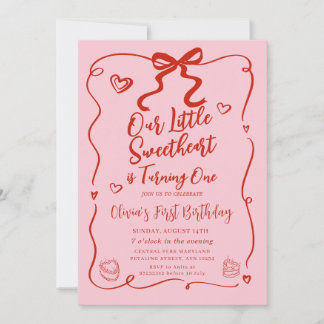 Retro Pink Unser kleines Süße Rot 1. Geburtstag Einladung