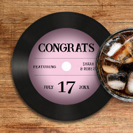 Retro Pink Vinyl Record Hochzeitsgratulation Runder Pappuntersetzer