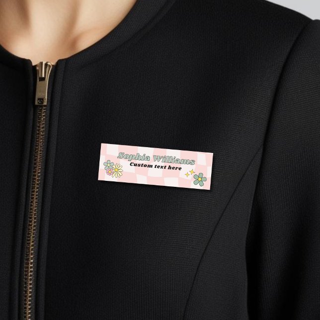 Retro Pink Wavy Schachbrett Namensschild (Von Creator hochgeladen)