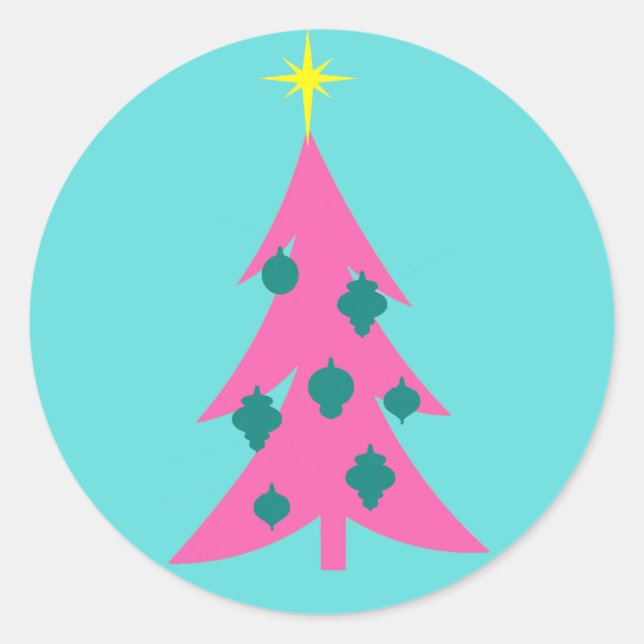 Retro Pink Weihnachtsbaum Round Stickers (Vorderseite)