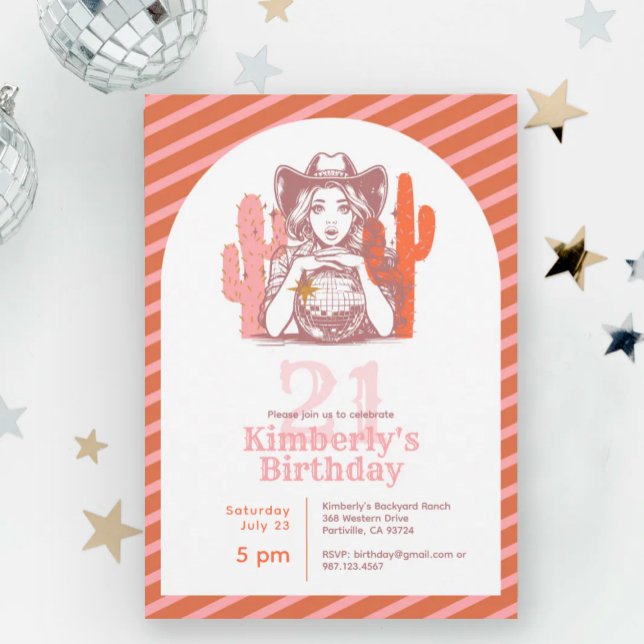 Retro Pink Western Cowgirl 21st Birthday Party Einladung (Von Creator hochgeladen)