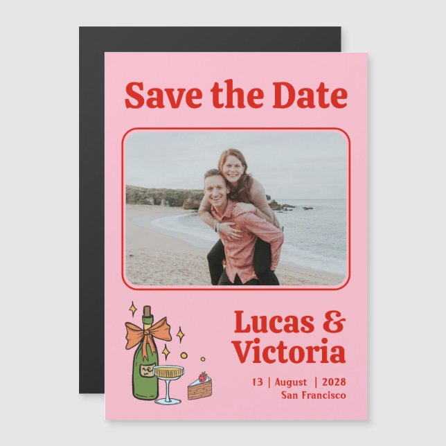 Retro Pink Whimsical Foto Wedding Save the Date Magneteinladung (Vorne/Hinten)
