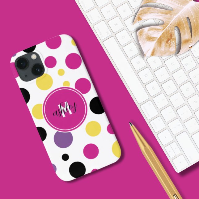 Retro Pink White Monogram Polka Dots Case-Mate iPhone Hülle (Von Creator hochgeladen)