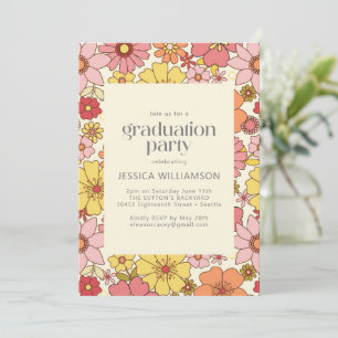 Retro Pink Yellow Floral Groovy Graduation Party Einladung