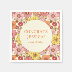 Retro Pink Yellow Floral Groovy Graduation Party Serviette