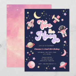 Retro Pink Zwei der Mondraum Geburtstag Einladung