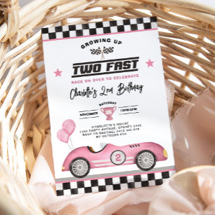 Retro Pink Zwei Fast Race Car Girl 2. Geburtstag Einladung