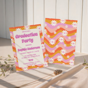 Retro Pinke Groovy Gänseblümchen Florale Abschluss Einladung