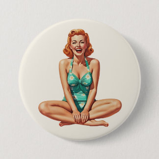 Retro PinUp 1950er Girl in Floral Swimsuit Button