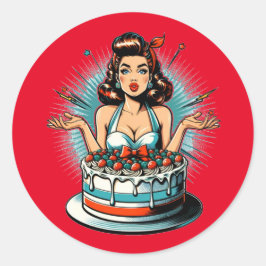 Retro Pinup Geburtstagsfrau und Kuchen Runder Aufkleber
