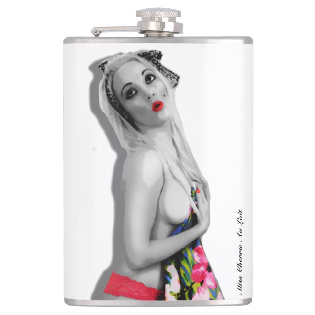 Retro Pinup Girl Hip Flask Cherrie Alt Weiß Flachmann (Vorderseite)