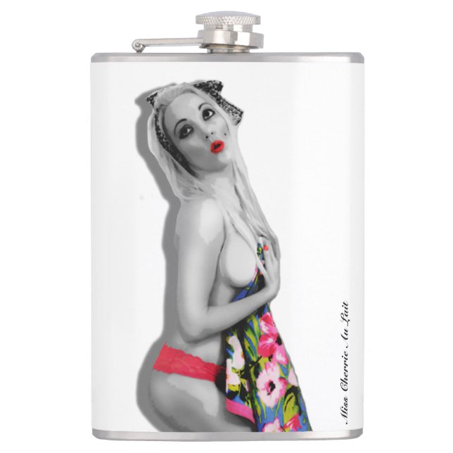 Retro Pinup Girl Hip Flask Miss Cherrie White Alt Flachmann (Vorderseite)