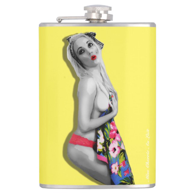 Retro Pinup Girl Hip Flask Miss Cherrie Yellow Flachmann (Vorderseite)
