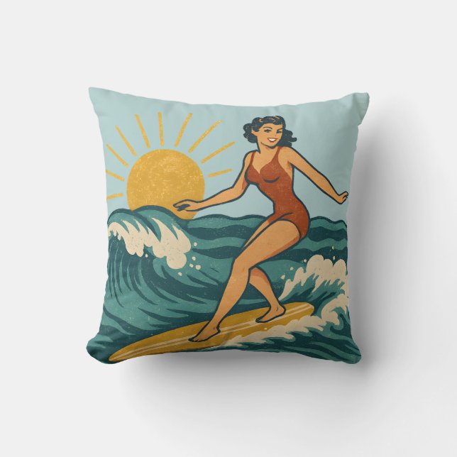 Retro Pinup Surfer Reversible Surfboard Druck Kissen (Vorderseite)