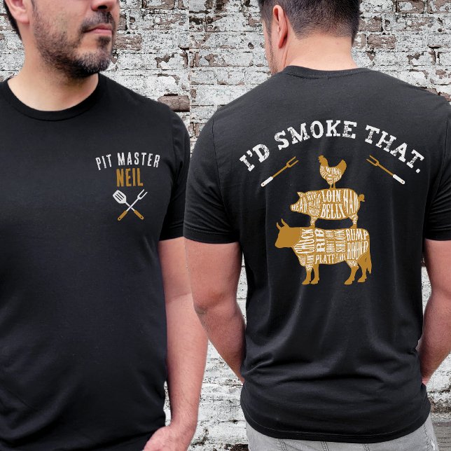 Retro Pit Master Individuelle Name Funny ich rauch T-Shirt (I'd Smoke That Smoker Grill Gift with Pit Master Name, retro vintage cow chicken pig, grilling forks)