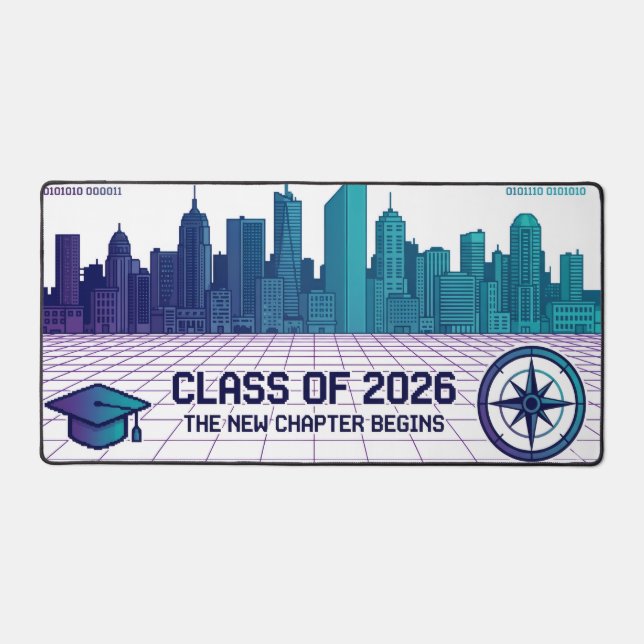 Retro Pixel Art Class of 2026 Cyberpunk Cityscape  Schreibtischunterlage (Vorderseite)