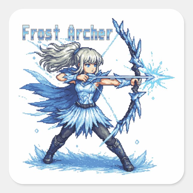 Retro-Pixel-Art Frostbogenschütze Krieger Quadratischer Aufkleber (Vorderseite)