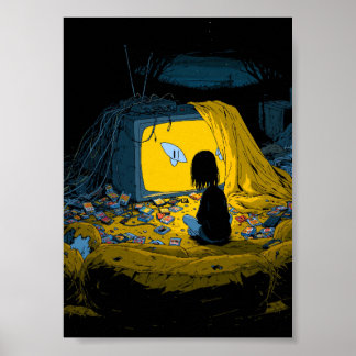 Retro-Pixel-Art-Gamer beim Betrachten eines leucht Poster