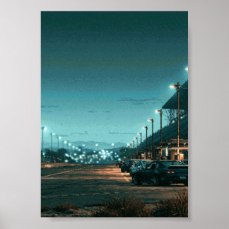Retro-Pixel-Art-JDM-Autos unter leuchtenden Straße Poster